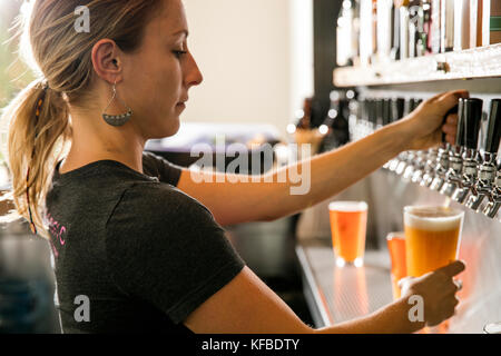 USA (Oregon, Bend, Pacific Pizza et Brew, bartender pouring pint Banque D'Images