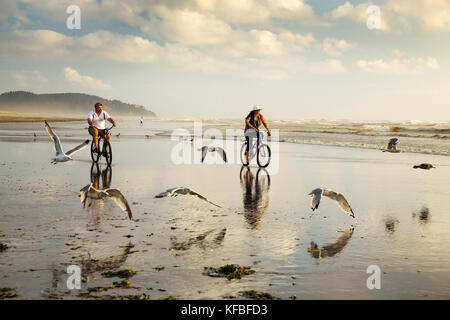 USA, l'État de Washington, la péninsule de Long Beach, Festival International de Cerf-volant, Walter et Erin Ellison prendre leur vélo à travers les mouettes sur la plage un Banque D'Images