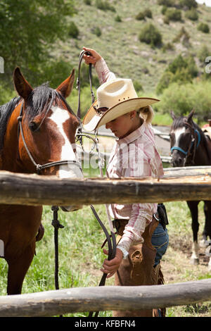 Usa, Wyoming, du cantonnement, un wrangler met une patte sur un cheval avant une randonnée, abara ranch Banque D'Images