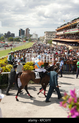 Maurice, port louis ; un cheval de course internationale attire des milliers au champ de mars ; résultats course jour jockey international Banque D'Images