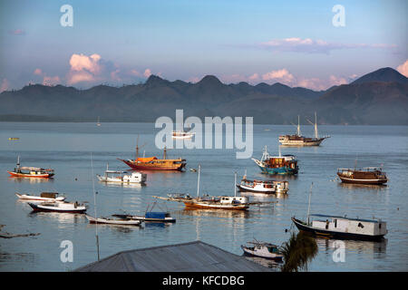 L'Indonésie, flores, bateaux ancrés au large de la côte de Labuan Bajo, au lever du soleil Banque D'Images