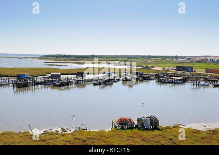 Vue aérienne du port de pêche de Carrasqueira palafitte. Alentejo, Portugal Banque D'Images