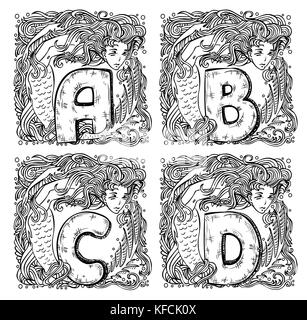 Mermaid rétro - l'alphabet a, b, c, d Illustration de Vecteur