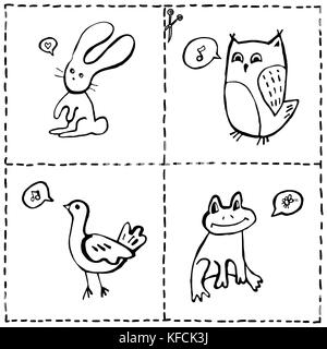 Vector set de découper les cartes avec des animaux marrants, hand drawn doodles de bébés animaux et les marques de coupe et de coloration Illustration de Vecteur