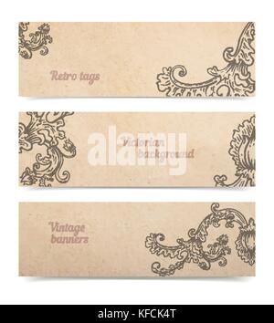 Vintage old paper texture background avec ensemble de bannières, d'ornement floral cadeau victorien et de marchandises tags collection, hand drawn vector illustration i Illustration de Vecteur
