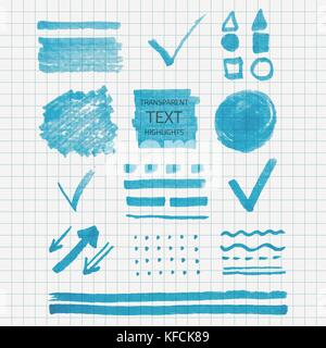 Vector set de surligneur transparent couleur bleu, sur papier vérifié l'école Illustration de Vecteur