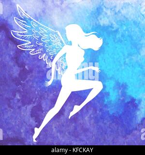Silhouette blanche de vecteur tournant femme avec des ailes d'anges volant au-dessus de l'arrière-plan dessiné à la main bleu aquarelle Illustration de Vecteur