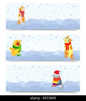 Vector set de 3 bannières horizontales avec les chats de noël, prêt à l'emploi, les ombres transparentes Illustration de Vecteur