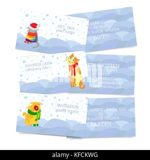 Jeu de cartes thème saisonnier hiver. invitations ou étiquettes cadeaux avec des chutes de neige, les chats et snowdrift - arrière et avant isolated on white Illustration de Vecteur