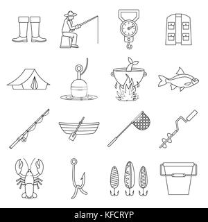 Outils de pêche icons set style du contour, Illustration de Vecteur