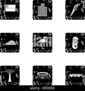 Singapour, grunge style icons set Illustration de Vecteur