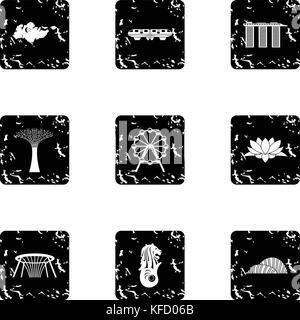 Attractions de Singapour, grunge style icons set Illustration de Vecteur