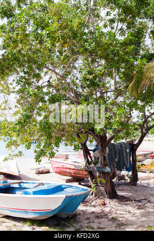 La JAMAÏQUE, Port Maria. Les filets de pêche et des bateaux de pêche des pêcheurs locaux. Banque D'Images