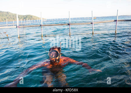 Polynésie Française, Île de Tahaa. Un pêcheur local dans son poisson le long de l'île de Tahaa. Banque D'Images