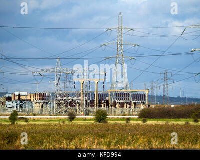 Une grille nationale sous-station de commutation électrique sur le toit de 400kv avec système de transmission de puissance pour les pylônes de lignes dans plusieurs directions Banque D'Images