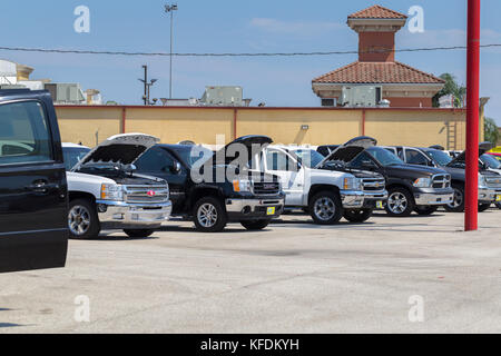 Les concessionnaires d'automobiles s'attendent à une forte augmentation dans l'entreprise une fois que Houston revient sur ses pieds après les inondations dévastatrices. rangées de dommages par inondation de camions sur le lot Banque D'Images