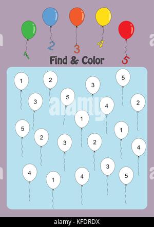 Trouver et numéros de couleur 1 à 5 feuille de travail de maths, pour les enfants Illustration de Vecteur