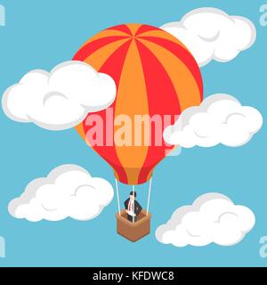Télévision 3D isométrique businessman standing on hot air balloon dans ciel. Illustration de Vecteur