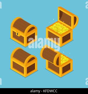 Télévision 3D isométrique en bois ouverte et fermée des coffres au trésor. Illustration de Vecteur