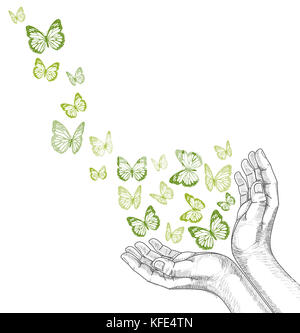Les mains de dessin relâcher papillon. Banque D'Images