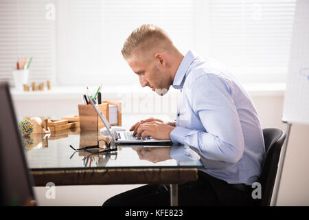 Businessman working on laptop dans son bureau Banque D'Images