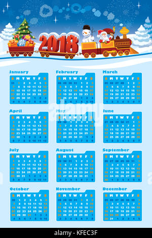 Nouveau calendrier 2018 et le père Noël dans un petit train avec des cadeaux, bonhomme de neige et l'arbre de Noël. Banque D'Images