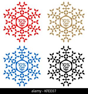 10 % de rabais sur votre achat de sticker autocollant ou bannière flocon. Avec 10 % de réduction vente en rouge, bleu, d'or et de couleur noir. les soldes d'hiver et de noël promotions Illustration de Vecteur