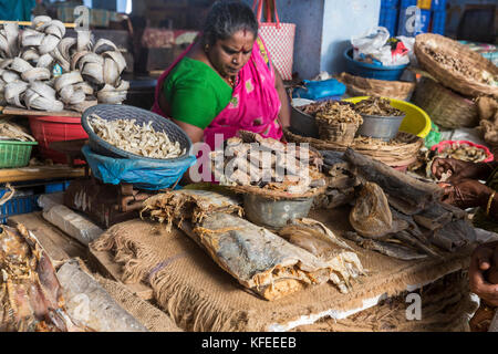 PONDICHERY, PUDUCHERY, INDE - 09 septembre 2017. Les femmes indiennes non identifiés vendre du poisson séché au marché de plein air principal. Banque D'Images