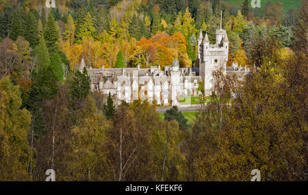 Le CHÂTEAU DE BALMORAL ROYAL DEESIDE ABERDEENSHIRE ECOSSE DU SOLEIL SUR LE CHÂTEAU et le BOULEAU ARBRES AVEC LES FEUILLES D'AUTOMNE Banque D'Images