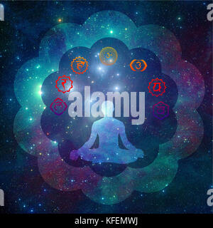 Symboles de chakra et silhouette d'un homme dans le lotus de yoga poser Banque D'Images