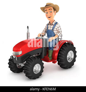 Farmer 3d de la conduite du tracteur, illustration avec fond blanc isolé Banque D'Images