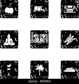 Attractions touristiques de la Thaïlande icons set, grunge style Illustration de Vecteur