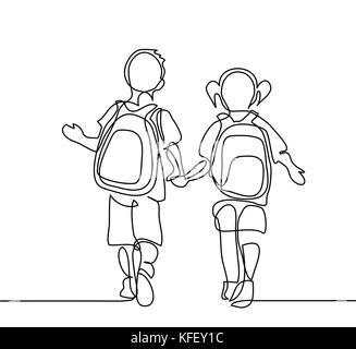 Garçon et fille retourne à l'école avec des sacs. Dessin de ligne continue. Vector illustration sur fond blanc Illustration de Vecteur