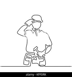 Dessin de ligne continue. Comité permanent builder man holding tablet. Vector illustration sur fond blanc Illustration de Vecteur