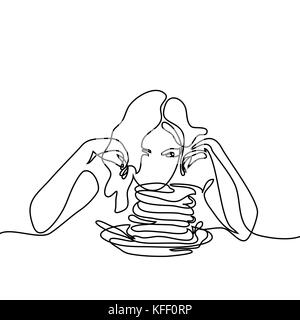 Résumé Portrait de belle jeune femme à la table à crêpes sur. Dessin de ligne continue. Vector illustration sur fond blanc Illustration de Vecteur