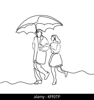 Couple en train de marcher sous un parapluie. Dessin de ligne continue. Vector illustration sur fond blanc Illustration de Vecteur