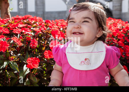 Mignon, souriant, heureux, joli bébé joufflu avec un grand sourire, rire et montrant deux dents dans un jardin de fleurs rouges. Quatorze mois / baby Banque D'Images