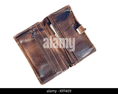 Ancien portefeuille en cuir brun imitation ouvert, Close up Banque D'Images