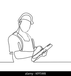 Dessin de ligne continue. Comité permanent builder man holding tablet. Vector illustration sur fond blanc Illustration de Vecteur