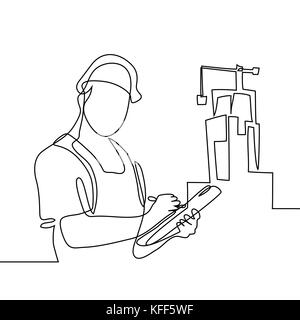 Dessin de ligne continue. Comité permanent builder man holding tablet. Vector illustration sur fond blanc Illustration de Vecteur