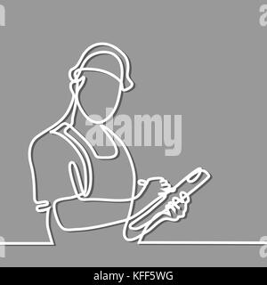 Dessin de ligne continue. Comité permanent builder man holding tablet. Vector illustration sur fond gris Illustration de Vecteur