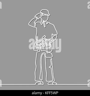 Dessin de ligne continue. Constructeur permanent homme tenant un marteau. Vector illustration sur fond gris Illustration de Vecteur