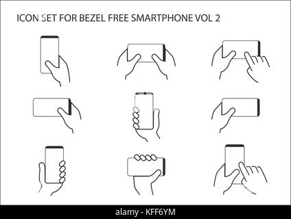 Vector icon set of hand holding moderne libre de cache smart phone dans différentes positions. L'utilisation d'un écran tactile sans cadre avec une ou deux mains Illustration de Vecteur