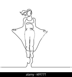 Dessin de ligne continue. Femme saut heureux sur fond blanc. Vector illustration. Illustration de Vecteur