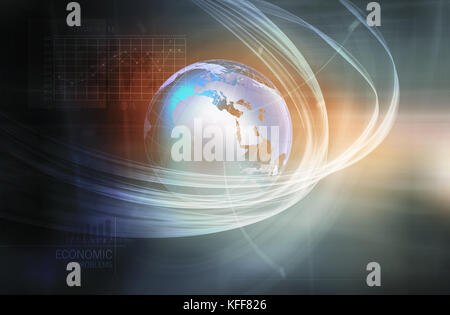 Les problèmes économiques mondiaux avec en arrière-plan graphique d'analyse de la Terre, Globe dans le centre couvert par les lignes courbes. Le Rendu 3D, 3d illustration Banque D'Images