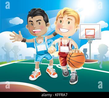 Les enfants jouent au basket-ball en extérieur sur cour. vector illustration cartoon character. Illustration de Vecteur