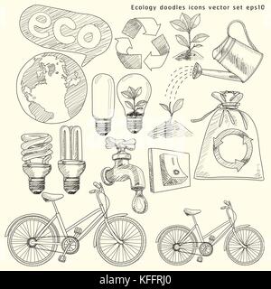 Écologie doodles vector set icônes Illustration de Vecteur