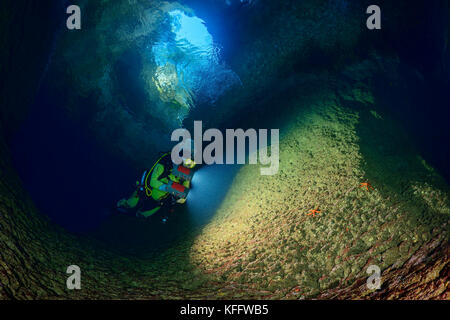 Plongeur à l'entrée de la grotte du lac de l'île Susac, mer Adriatique, Parc naturel Lastovo, île Susac, Dalmatie, Croatie Banque D'Images