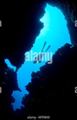 Plongeur sous-marin par l'entrée de la grotte de la cathédrale sur Premuda, mer Adriatique, mer Méditerranée, Cathédrale, île Premuda, Dalmatie, Croatie Banque D'Images