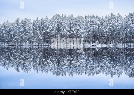 Paysage panoramique du lac avec la réflexion et de la neige en soirée d'hiver Banque D'Images